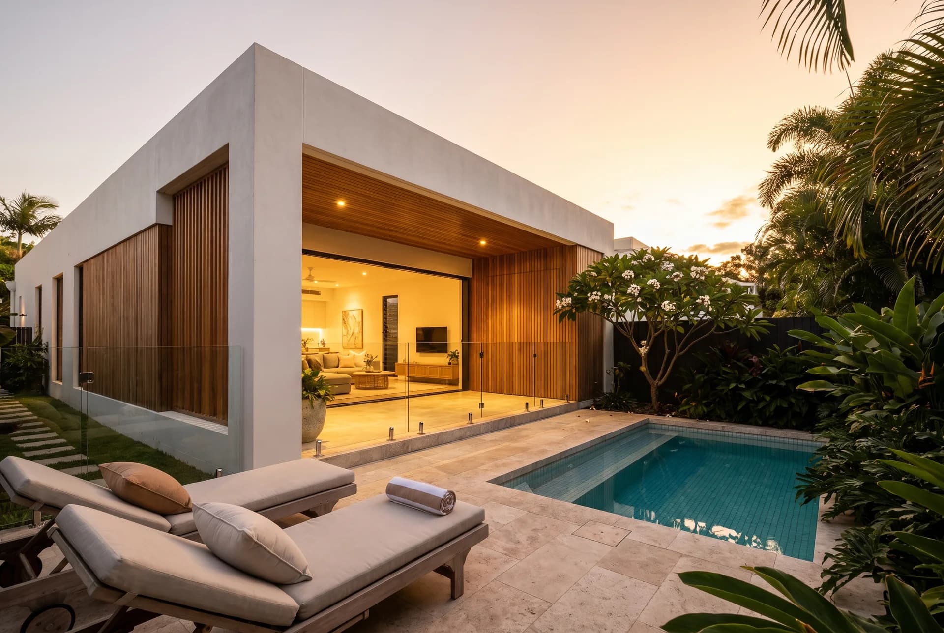 Luxury Noosa holiday retreat with private pool at golden hour