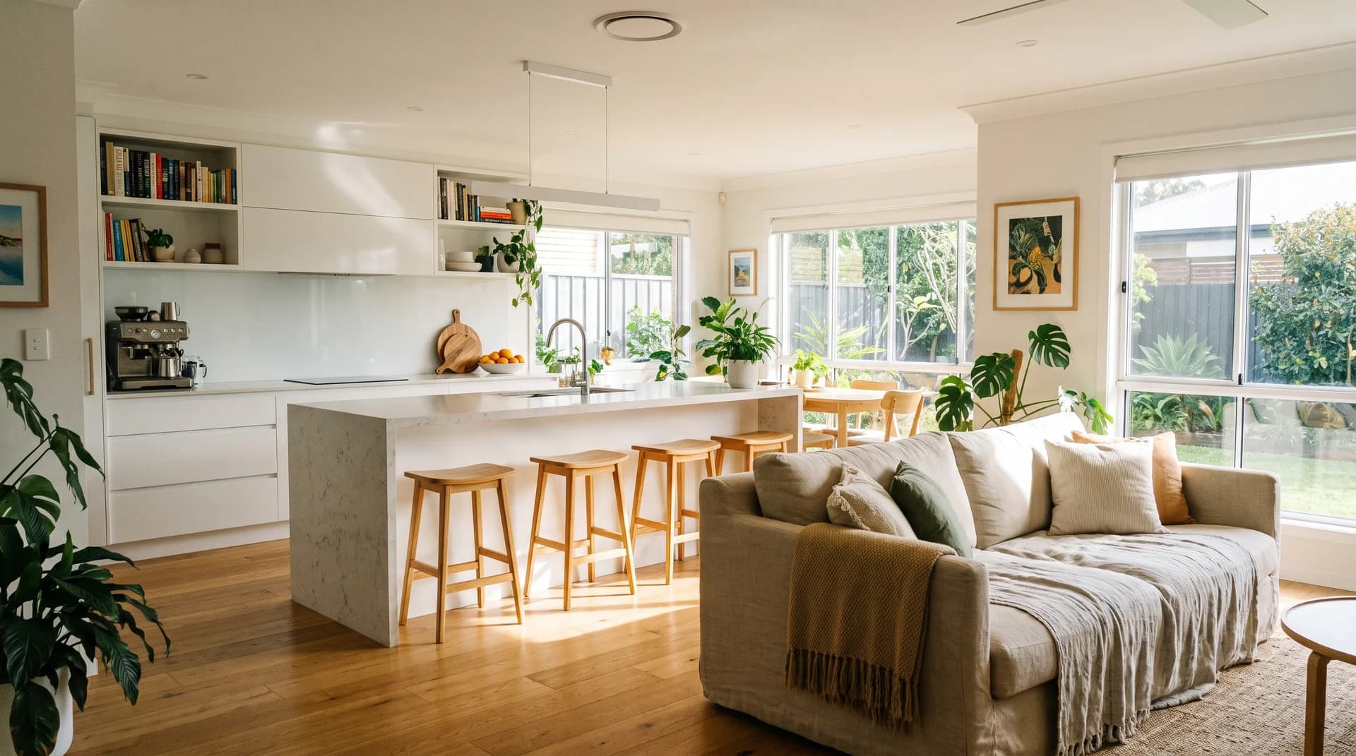 Warm family living and kitchen space in a quality rental home