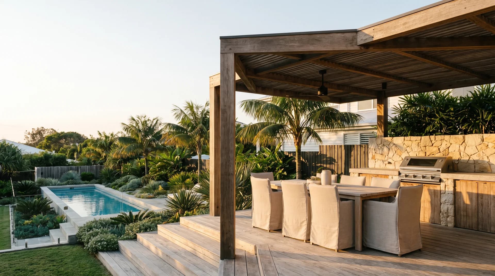 Alfresco entertaining area with lap pool at a Queensland holiday home